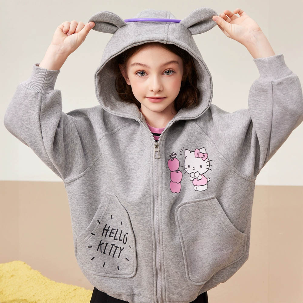 人氣卡通 - 立體耳朵連帽休閒外套-卡通人物Hello Kitty-灰色