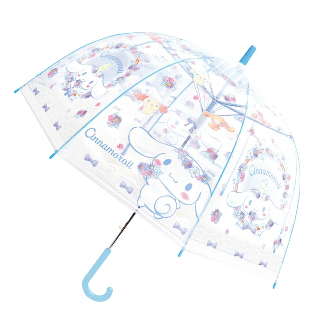 日本 J'S PLANNING - 小孩最愛印花透明直傘-花朵蝴蝶結大耳狗-水藍 (親骨55cm)