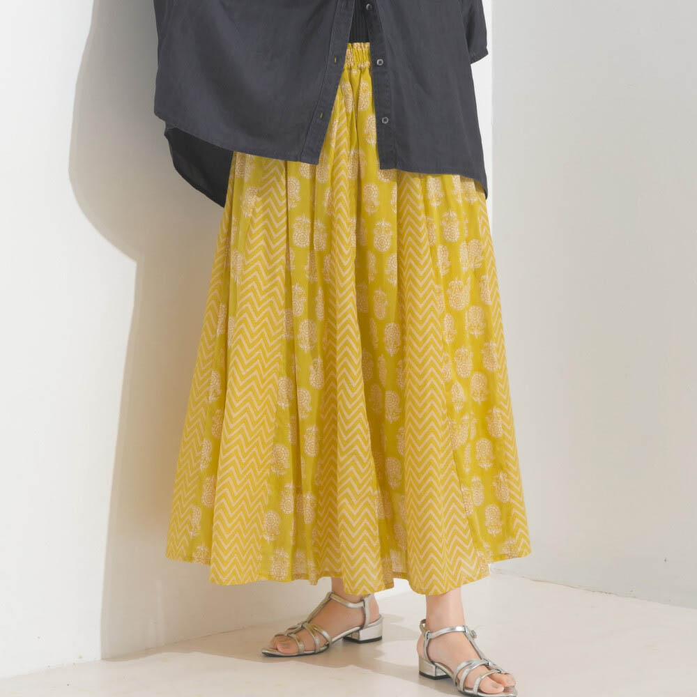 日本 OMNES - 100%印度棉 奢華印花飄逸感長裙-黃