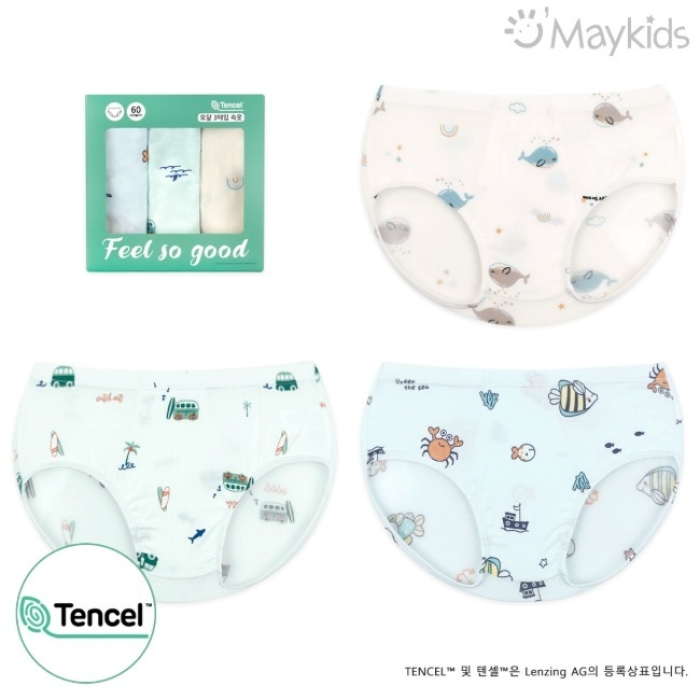 韓國 Maykids - (3入組)男寶天絲莫代爾透氣三角褲-海底動物們-米膚X淺綠X淺藍