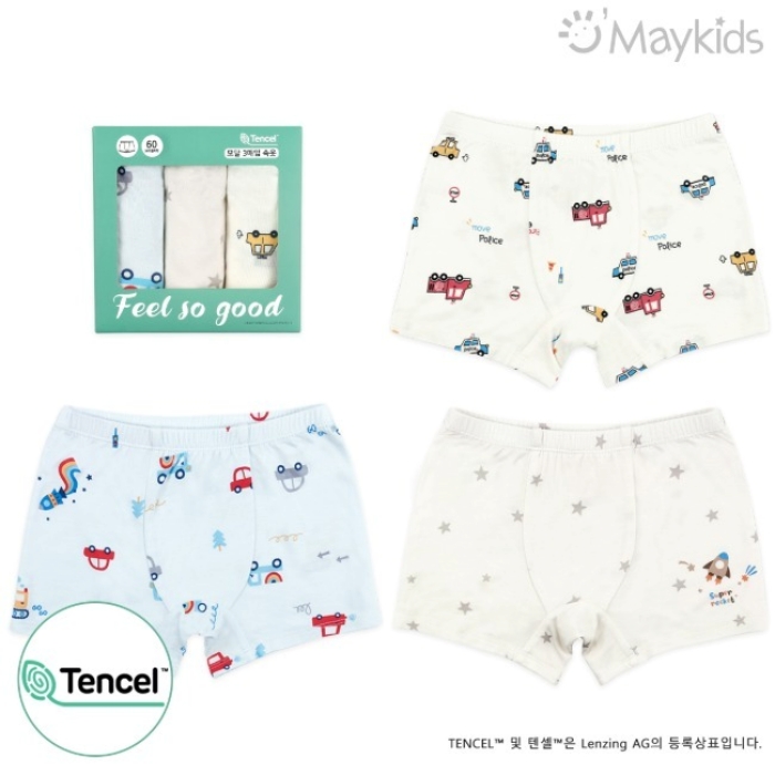 韓國 Maykids - (3入組)男寶天絲莫代爾透氣四角褲-繽紛車車X星星火箭-米白X淺藍