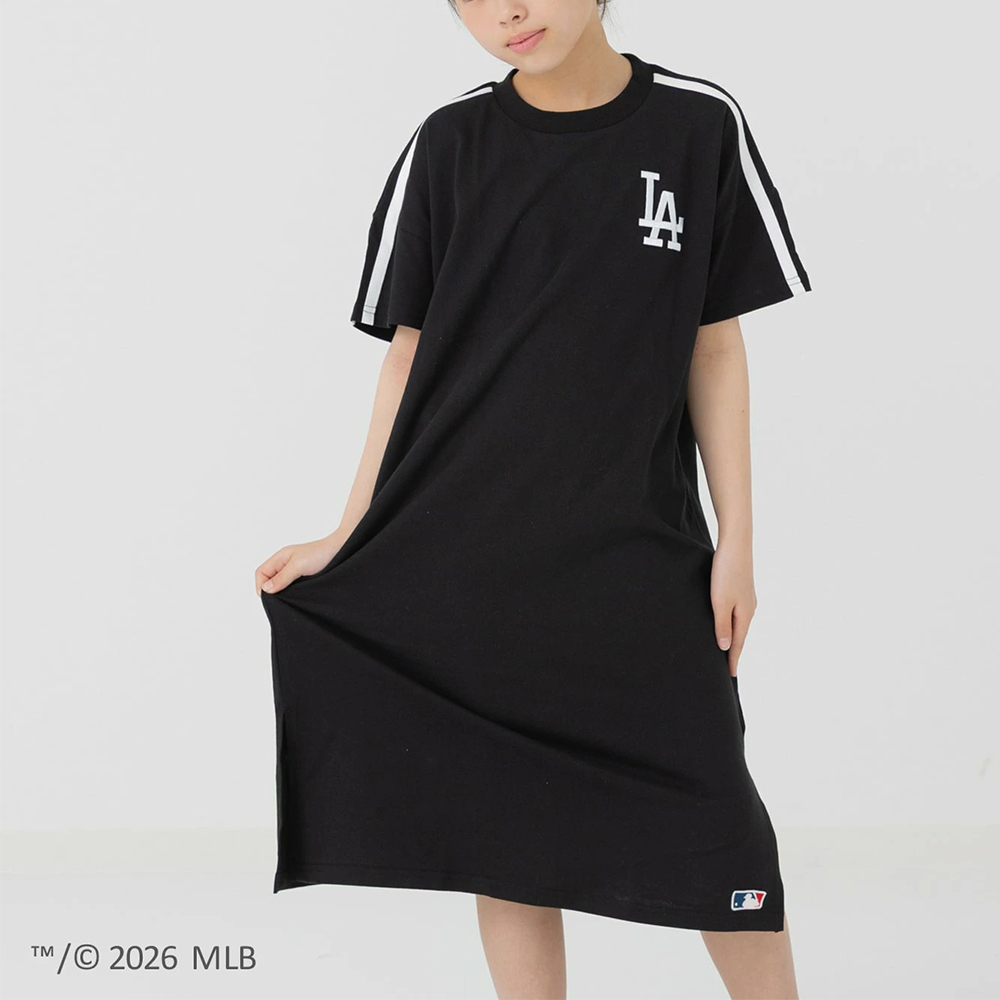 日本 Chil2 - MLB 刺繡logo運動風純棉短袖洋裝-洛杉磯道奇-黑