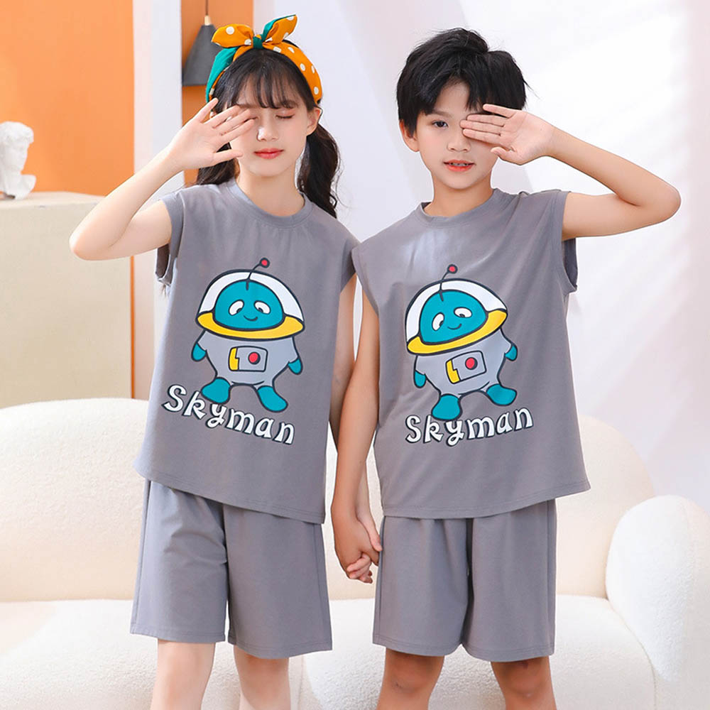 天絲涼感背心+短褲家居服套裝-太空人-灰色