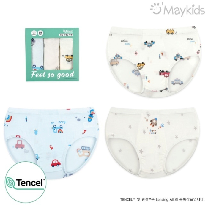韓國 Maykids - (3入組)男寶天絲莫代爾透氣三角褲-繽紛車車X星星火箭-米白X淺藍