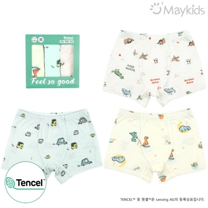 韓國 Maykids - (3入組)男寶天絲莫代爾透氣四角褲-繽紛車車X恐龍-米白X米黃X淺綠