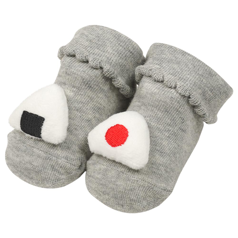 akachan honpo - 新生兒附絨毛玩偶襪-飯糰-灰色 (7~9cm)