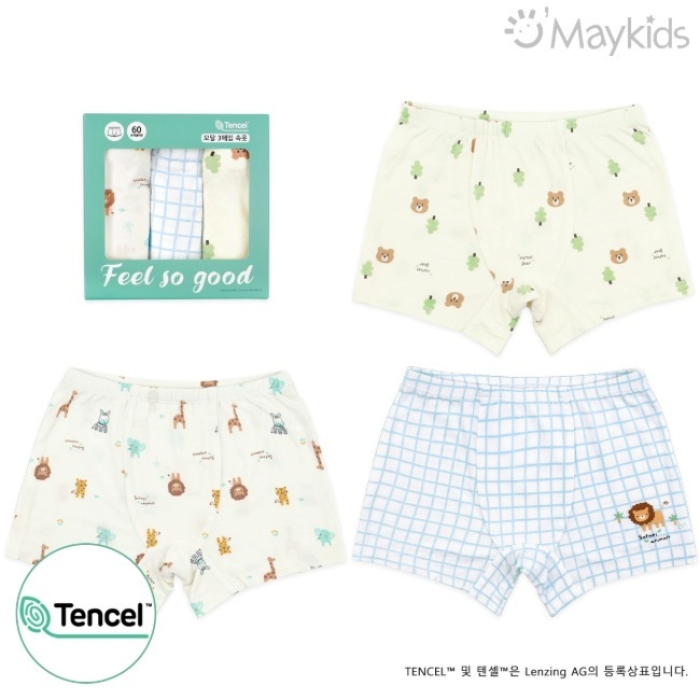 韓國 Maykids - (3入組)男寶天絲莫代爾透氣四角褲-格紋萌萌動物-米白X米黃X藍