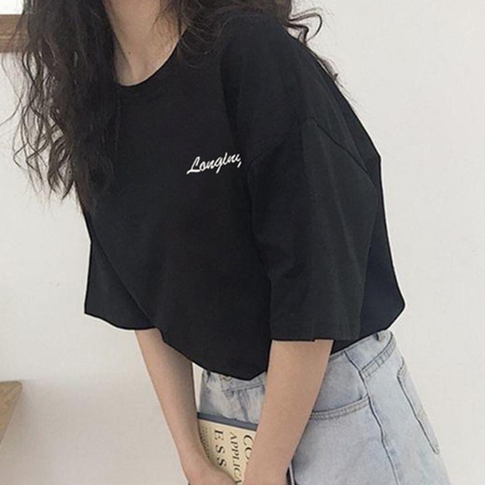 日本 GRL - 美式簡約刺繡logo寬版短袖T恤-黑色 (F)