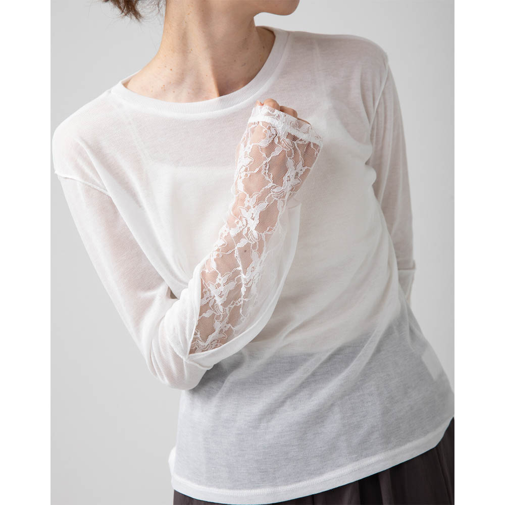 日本 gleam - 薄透合身蕾絲拼接長袖上衣-白