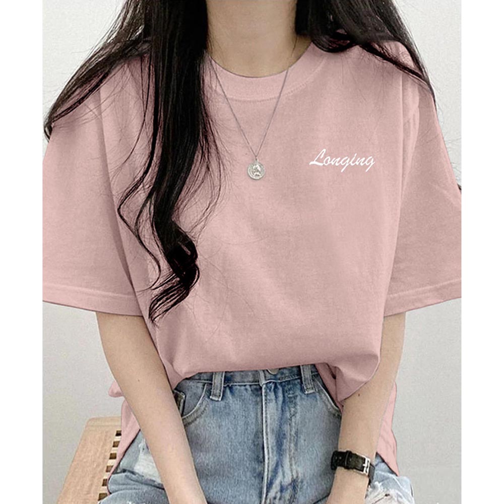 日本 GRL - 美式簡約刺繡logo寬版短袖T恤-粉紅 (F)