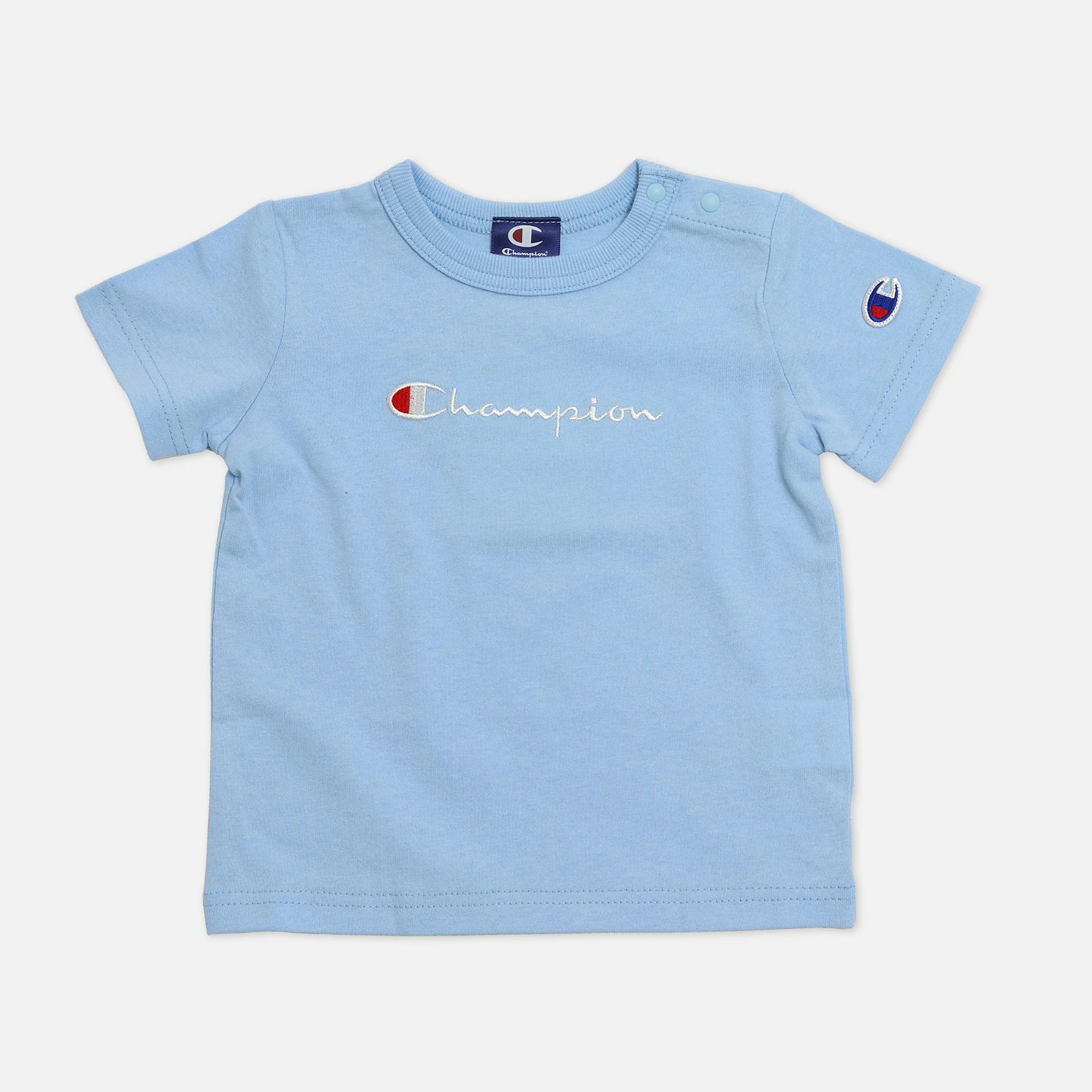 日本 Chil2 - Champion聯名 純棉刺繡LOGO短袖上衣-水藍