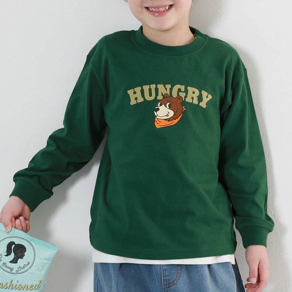 日本 devirock - 100%棉 定番印花長袖上衣-小熊-濃綠