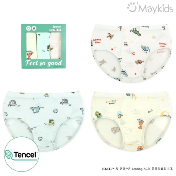 韓國 Maykids - (3入組)男寶天絲莫代爾透氣三角褲-繽紛車車X恐龍-米白X米黃X淺綠