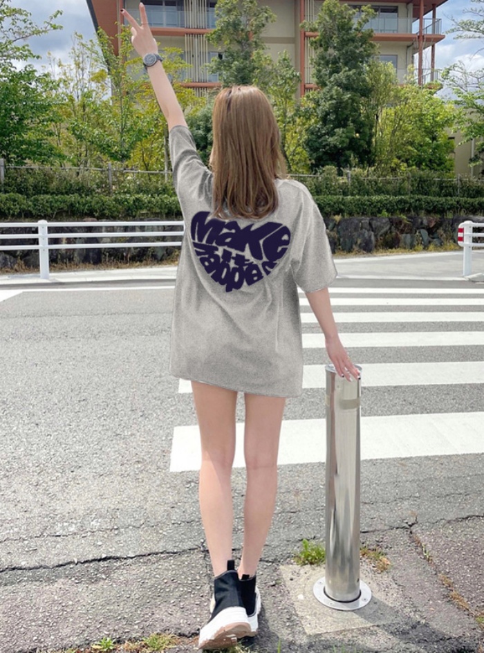 日本 GRL - [人氣款]愛心英文印花長版短袖T恤-燕麥 (F)