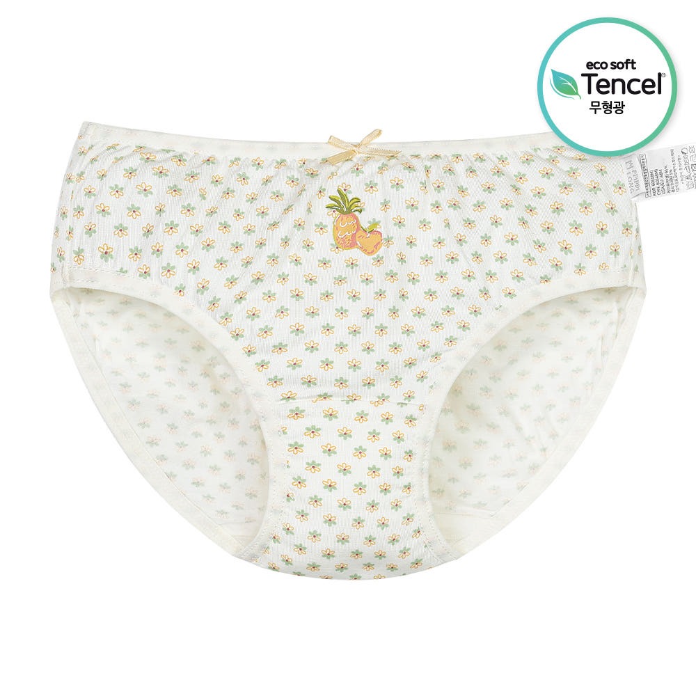 韓國 Ppippilong - 天絲纖維透氣三角褲(女寶)-小花水果插畫-米