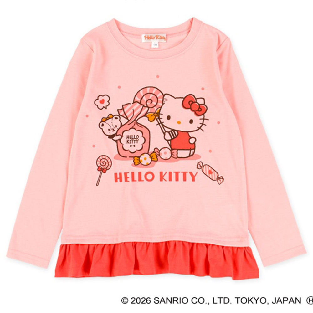 日本西松屋 - 聯名款 荷葉下擺長袖上衣-卡通人物Hello Kitty-紅