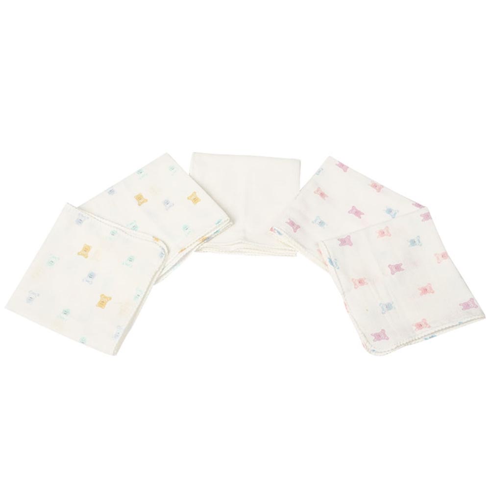 akachan honpo - 棉紗手帕5條組-小熊 兔子-米白色 (27×27cm)-日本製