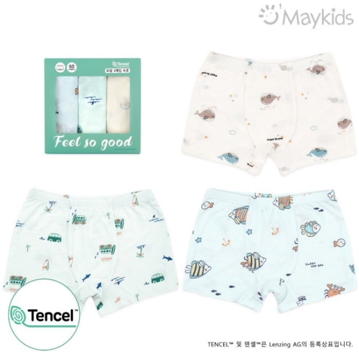 韓國 Maykids - (3入組)男寶天絲莫代爾透氣四角褲-海底動物們-米膚X淺綠X淺藍