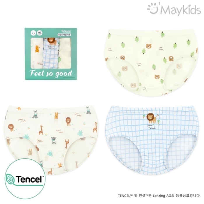 韓國 Maykids - (3入組)男寶天絲莫代爾透氣三角褲-格紋萌萌動物-米白X米黃X藍