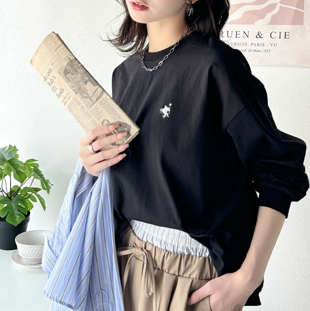 日本 Classical Elf - 100%棉 寬鬆logo刺繡長袖上衣-黑