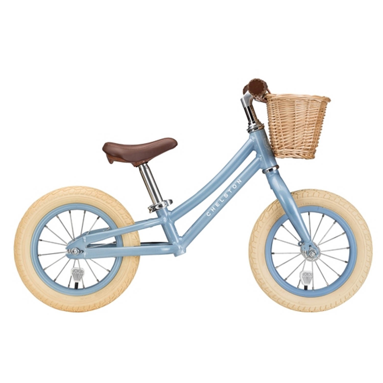 Chelston bikes - Mini Dutch 復古滑步車-晨霧藍-滑步車 x 1 , 手工編織竹籃 x 1 , 麻料內襯 x 1 , 3 歲以下專用ABS氣嘴蓋 x 1