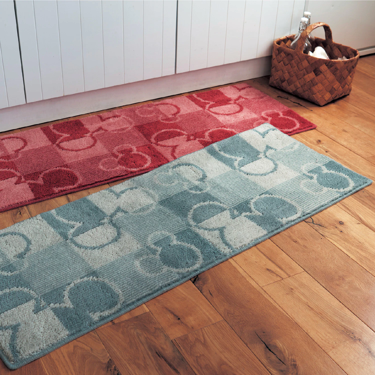 日本千趣會 - 迪士尼 長條型腳踏墊(廚房/臥室)-米奇格子-淺灰