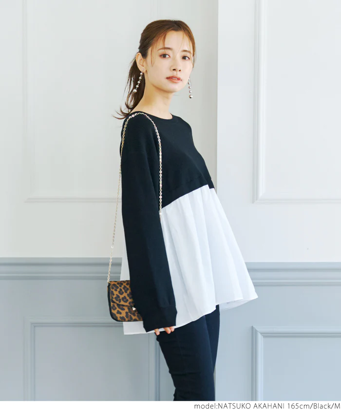 日本 COCA - 優雅圓領拼接長袖上衣-淺灰