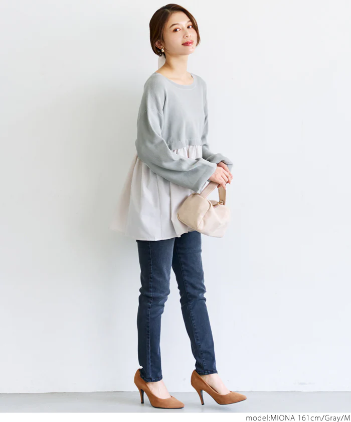 日本 COCA - 優雅圓領拼接長袖上衣-淺灰