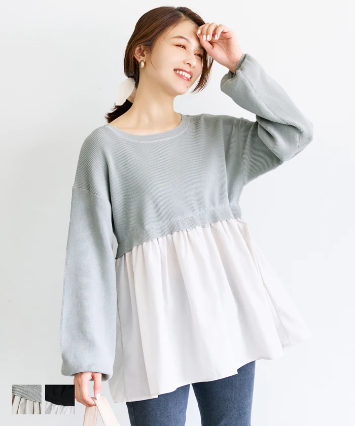 日本 COCA - 優雅圓領拼接長袖上衣-淺灰