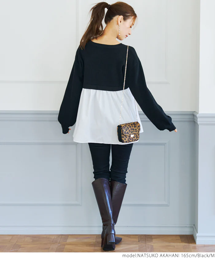 日本 COCA - 優雅圓領拼接長袖上衣-淺灰