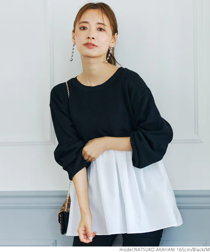 日本 COCA - 優雅圓領拼接長袖上衣-淺灰