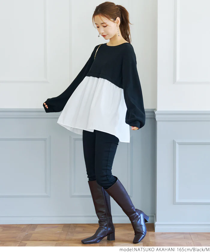 日本 COCA - 優雅圓領拼接長袖上衣-淺灰