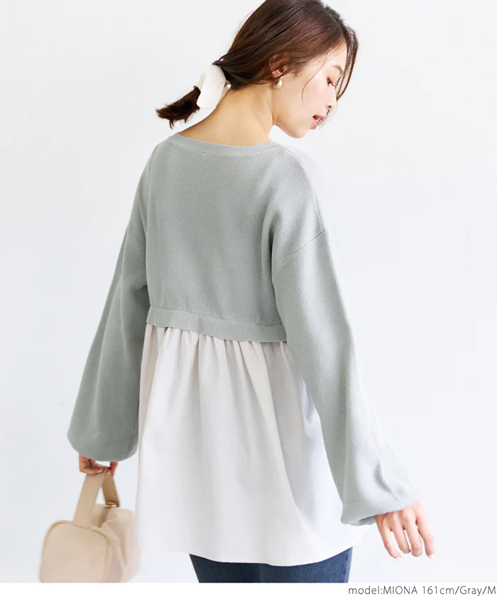 日本 COCA - 優雅圓領拼接長袖上衣-淺灰