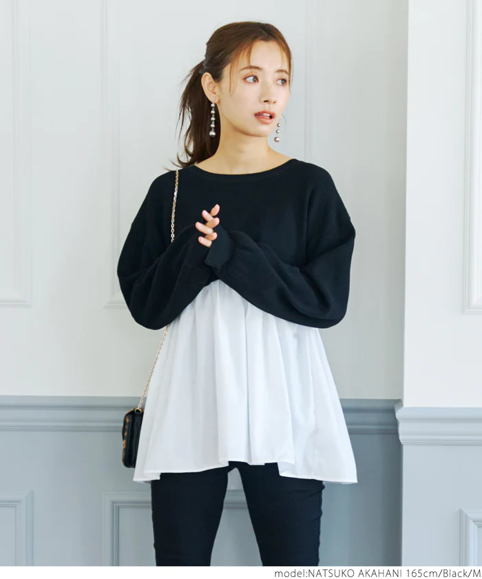 日本 COCA - 優雅圓領拼接長袖上衣-淺灰