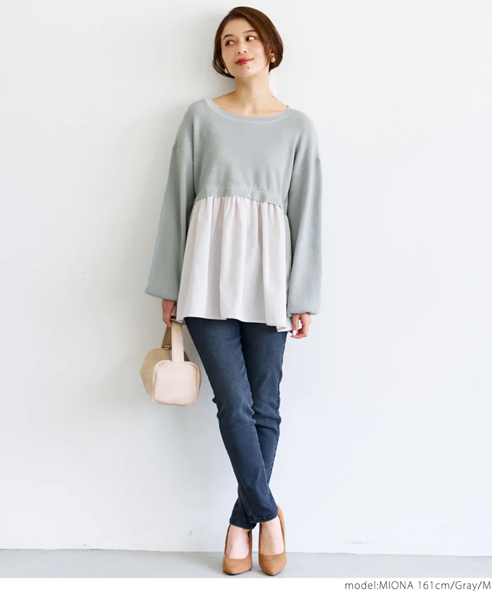 日本 COCA - 優雅圓領拼接長袖上衣-淺灰