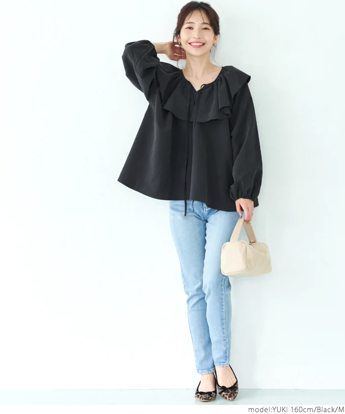 日本 COCA - 甜美荷葉綁帶泡泡袖上衣-煙燻粉