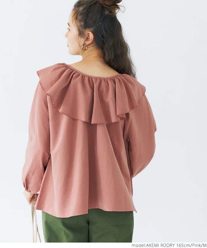日本 COCA - 甜美荷葉綁帶泡泡袖上衣-煙燻粉