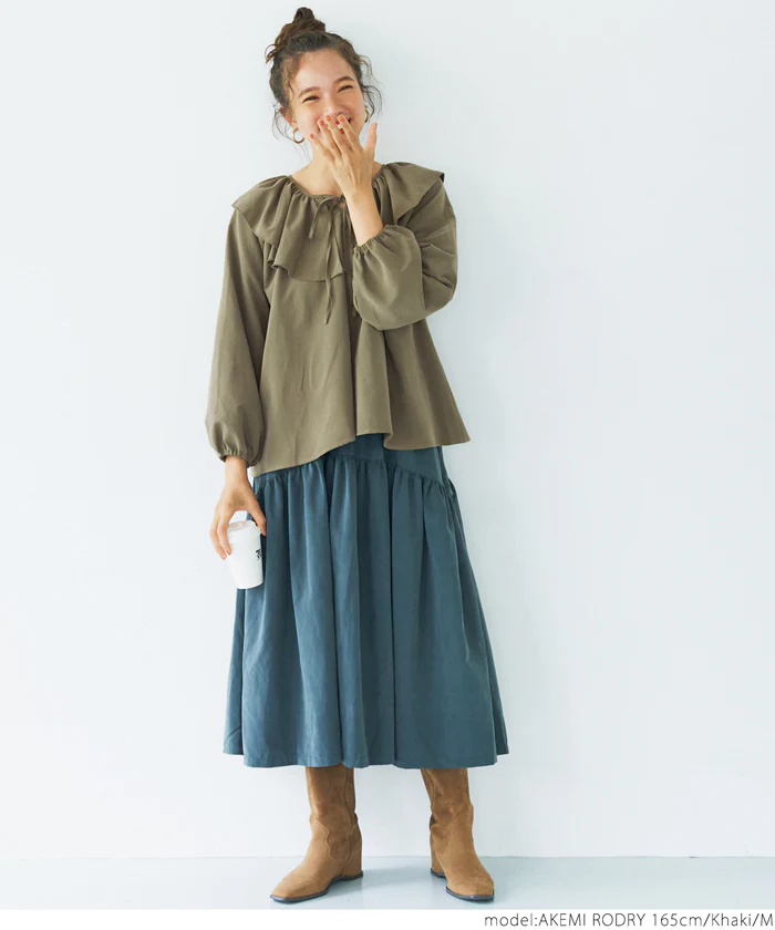 日本 COCA - 甜美荷葉綁帶泡泡袖上衣-煙燻粉