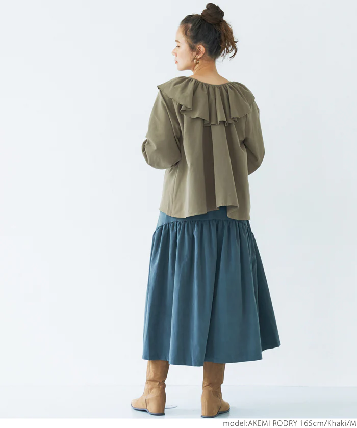 日本 COCA - 甜美荷葉綁帶泡泡袖上衣-煙燻粉