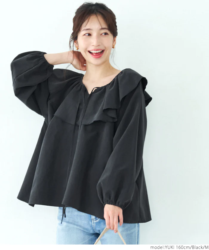 日本 COCA - 甜美荷葉綁帶泡泡袖上衣-煙燻粉