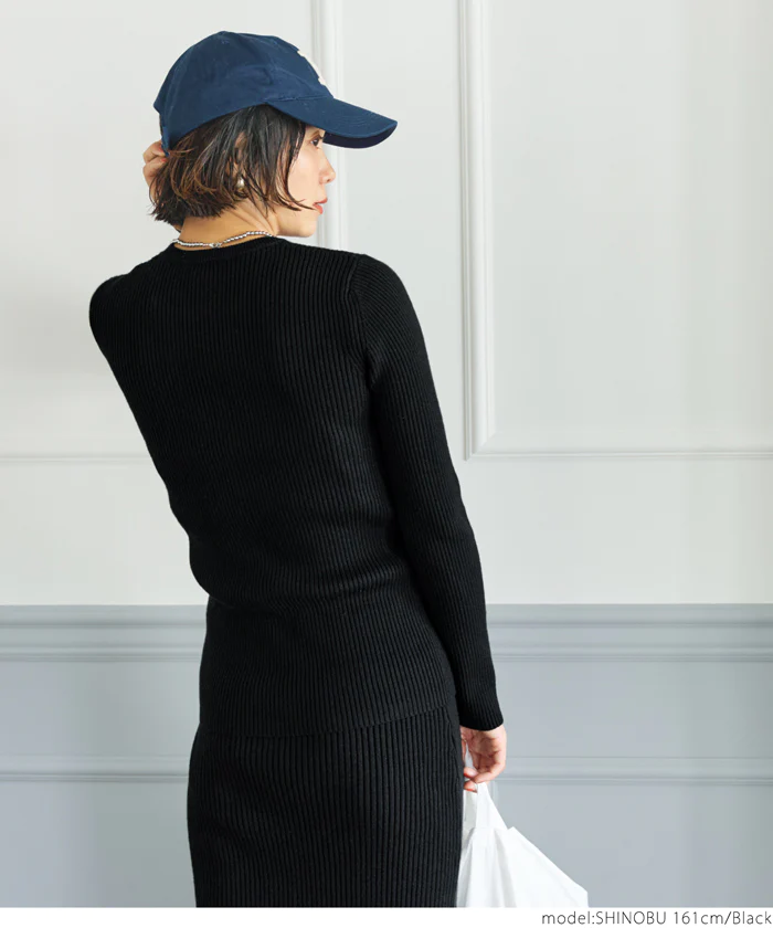 日本 COCA - 極上厚磅 彈性羅紋針織上衣-圓領-黑