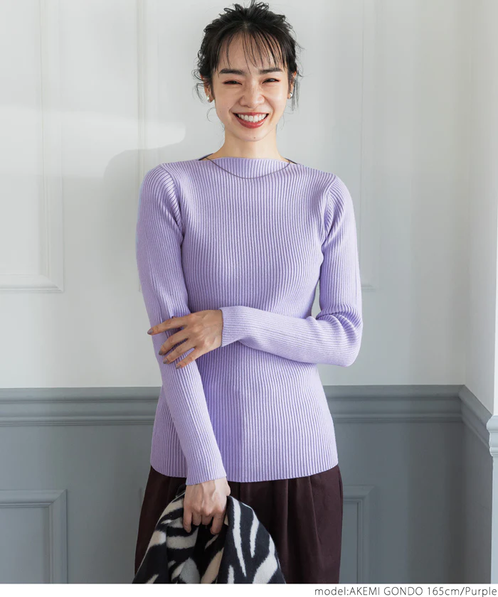 日本 COCA - 極上厚磅 彈性羅紋針織上衣-船型領-奶油杏