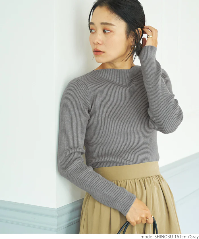 日本 COCA - 極上厚磅 彈性羅紋針織上衣-船型領-奶油杏