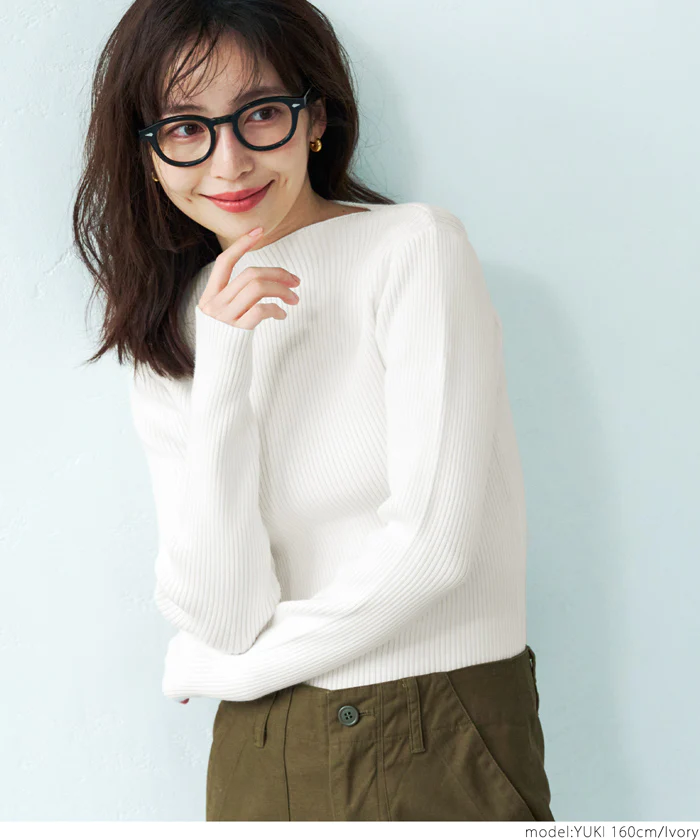 日本 COCA - 極上厚磅 彈性羅紋針織上衣-船型領-奶油杏