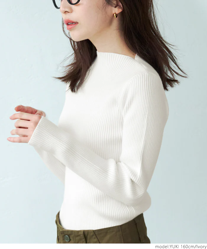 日本 COCA - 極上厚磅 彈性羅紋針織上衣-船型領-奶油杏