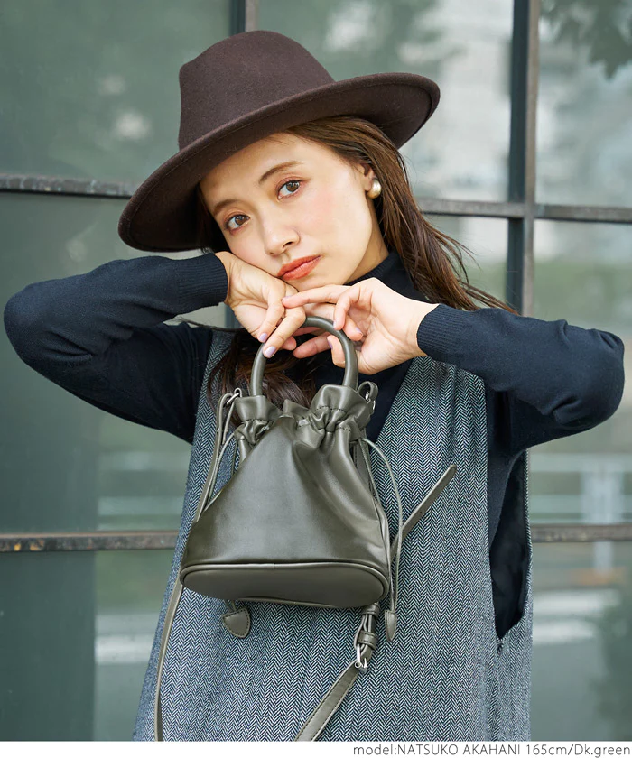 日本 COCA - 時尚皮質束口手提包/側背包-煙燻粉