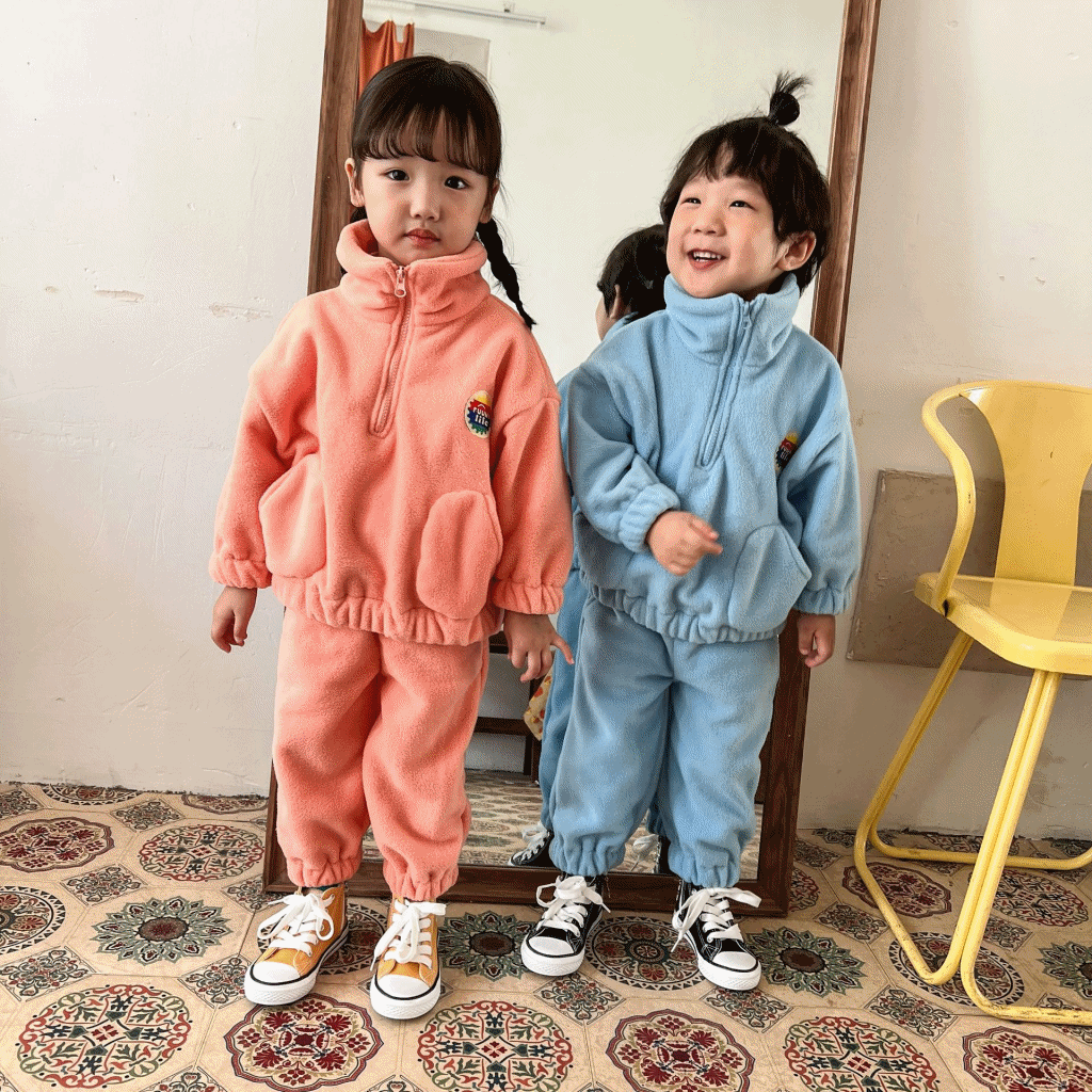 搖粒絨拉鍊休閒套裝-粉橘色