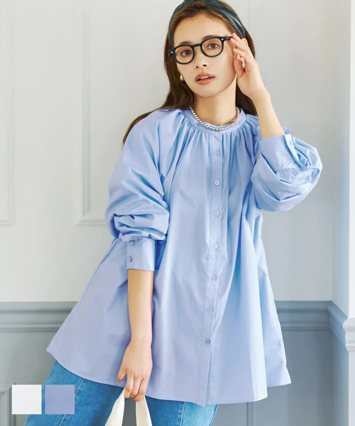 日本 COCA - 她很漂亮寬鬆泡泡袖襯衫-白