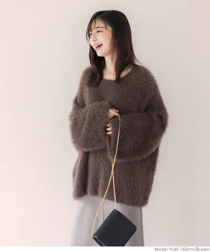 日本 COCA - 時尚短絨圓領針織毛衣-大人-咖啡