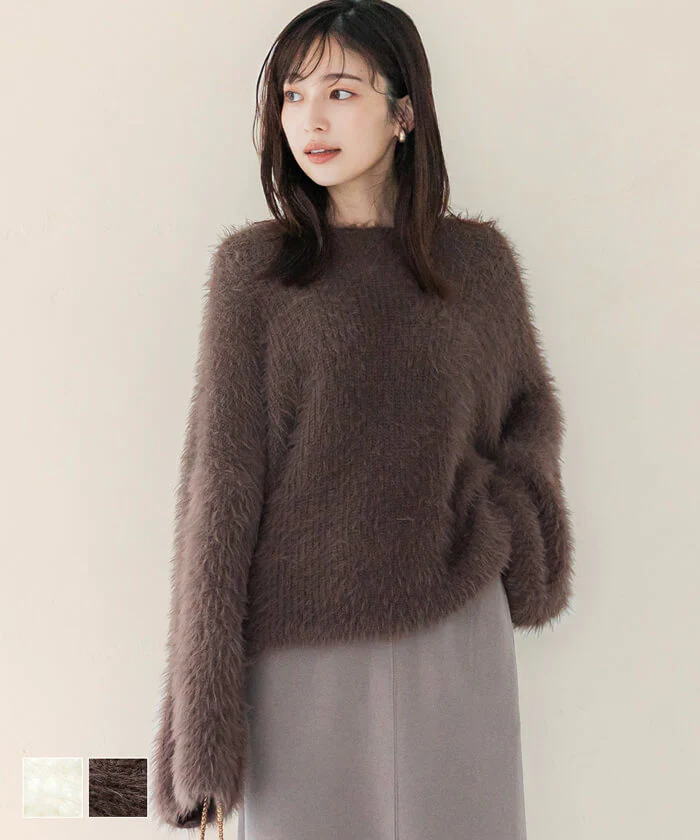 日本 COCA - 時尚短絨圓領針織毛衣-大人-咖啡